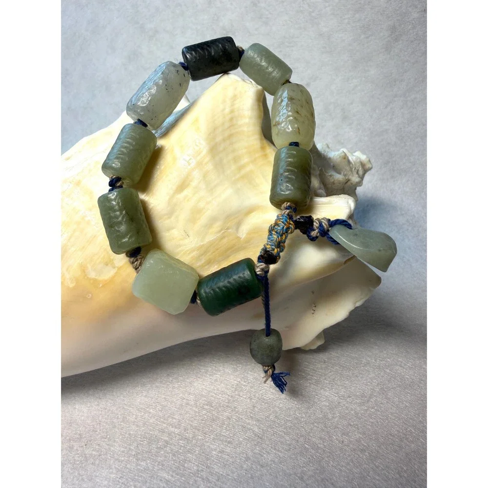 Multi-Color Natural Jade Bracelet OOAK Rustic Jade Adjustable Pull-Tie Closure
